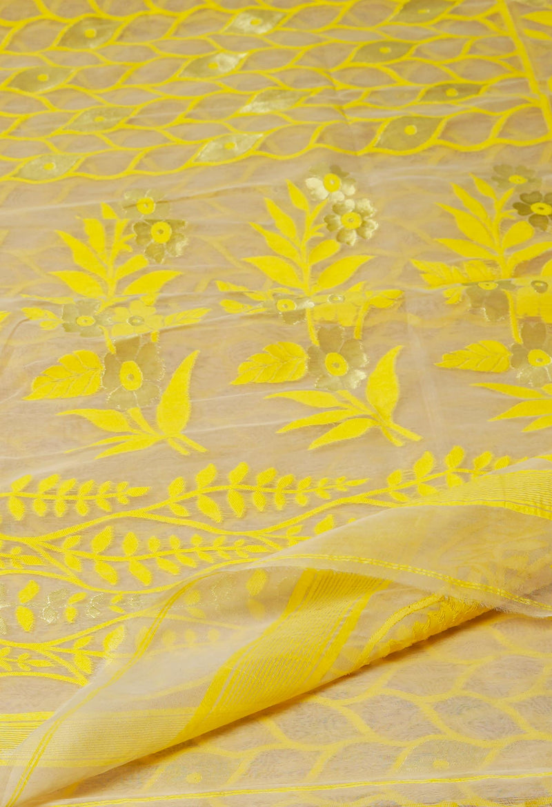 Beige Pure Handloom Dhaka Jamdhani Bengal  Cotton Silk Saree-UNM72692