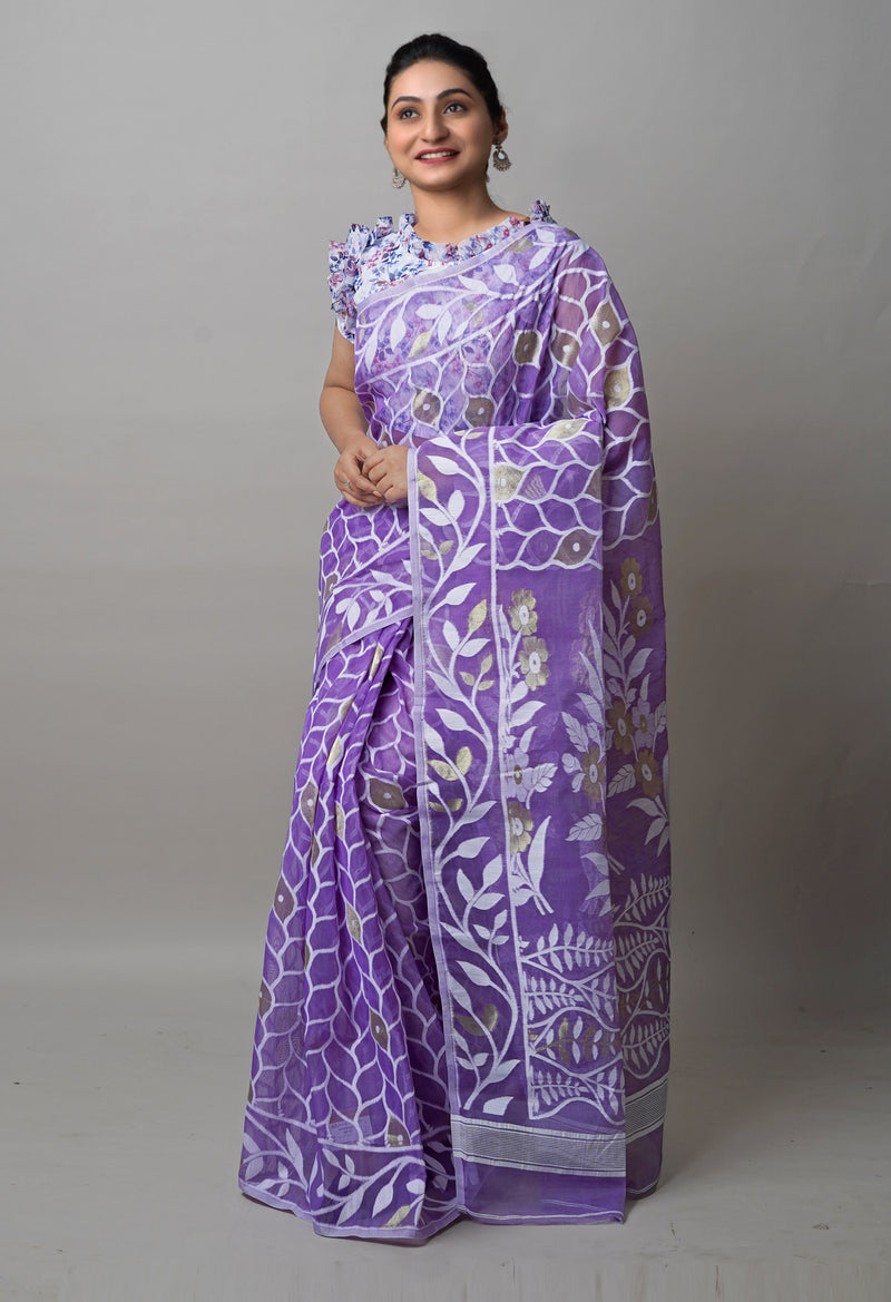 Purple Pure Handloom Dhaka Jamdhani Bengal  Cotton Silk Saree-UNM72693