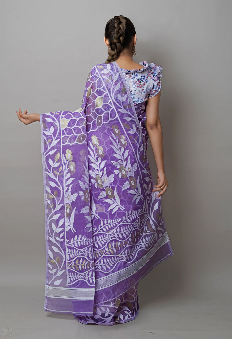 Purple Pure Handloom Dhaka Jamdhani Bengal  Cotton Silk Saree-UNM72693