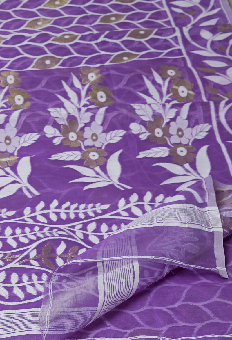 Purple Pure Handloom Dhaka Jamdhani Bengal  Cotton Silk Saree-UNM72693