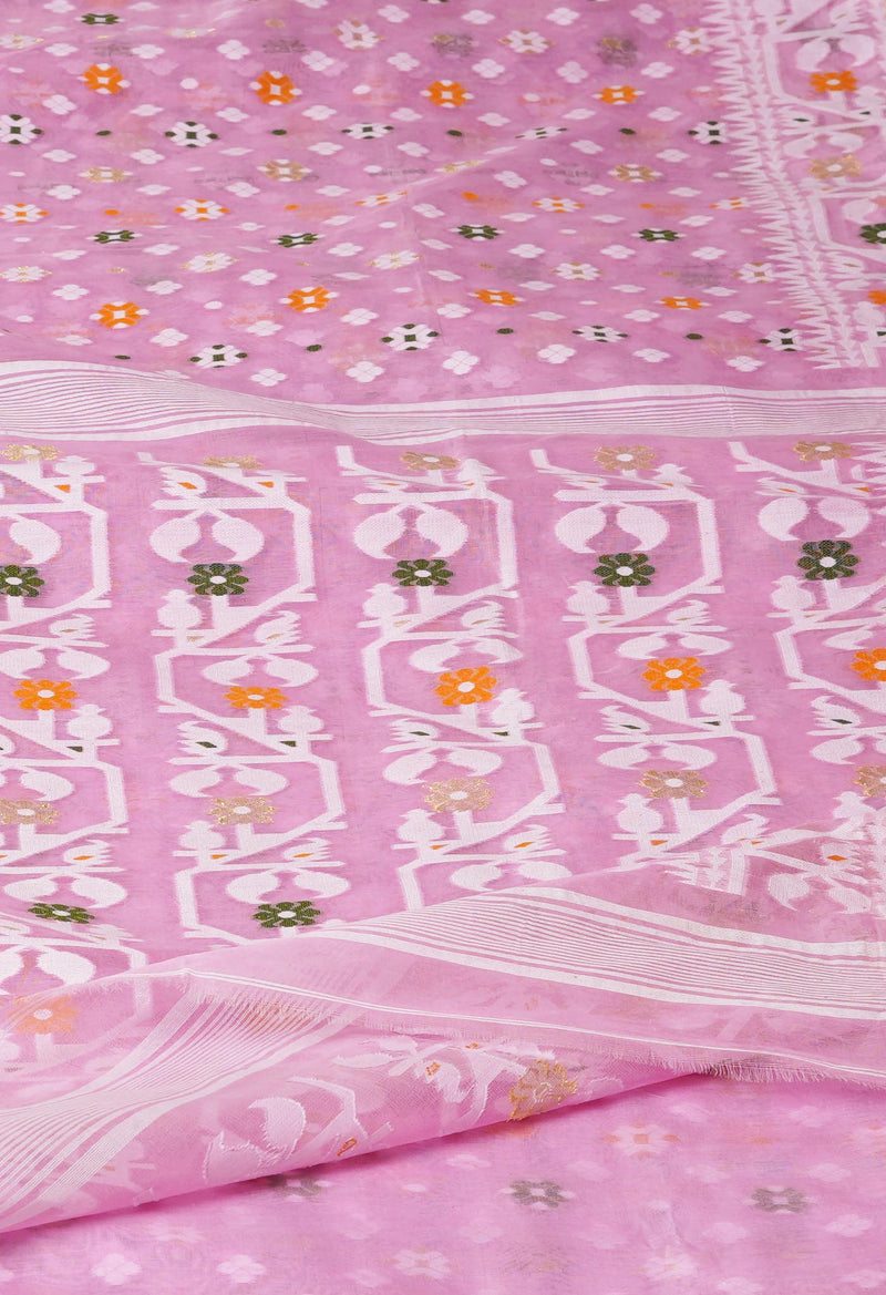 Light pink Pure Handloom Dhaka Jamdhani Bengal  Cotton Silk Saree-UNM72694