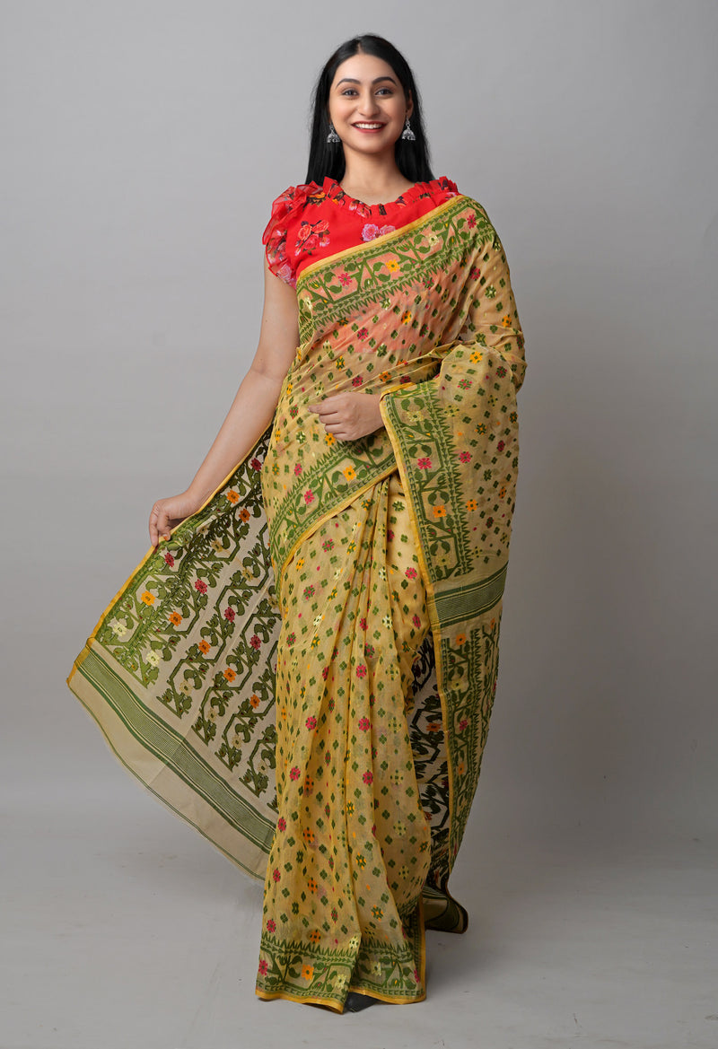 Brown Pure Handloom Dhaka Jamdhani Bengal  Cotton Silk Saree-UNM72695
