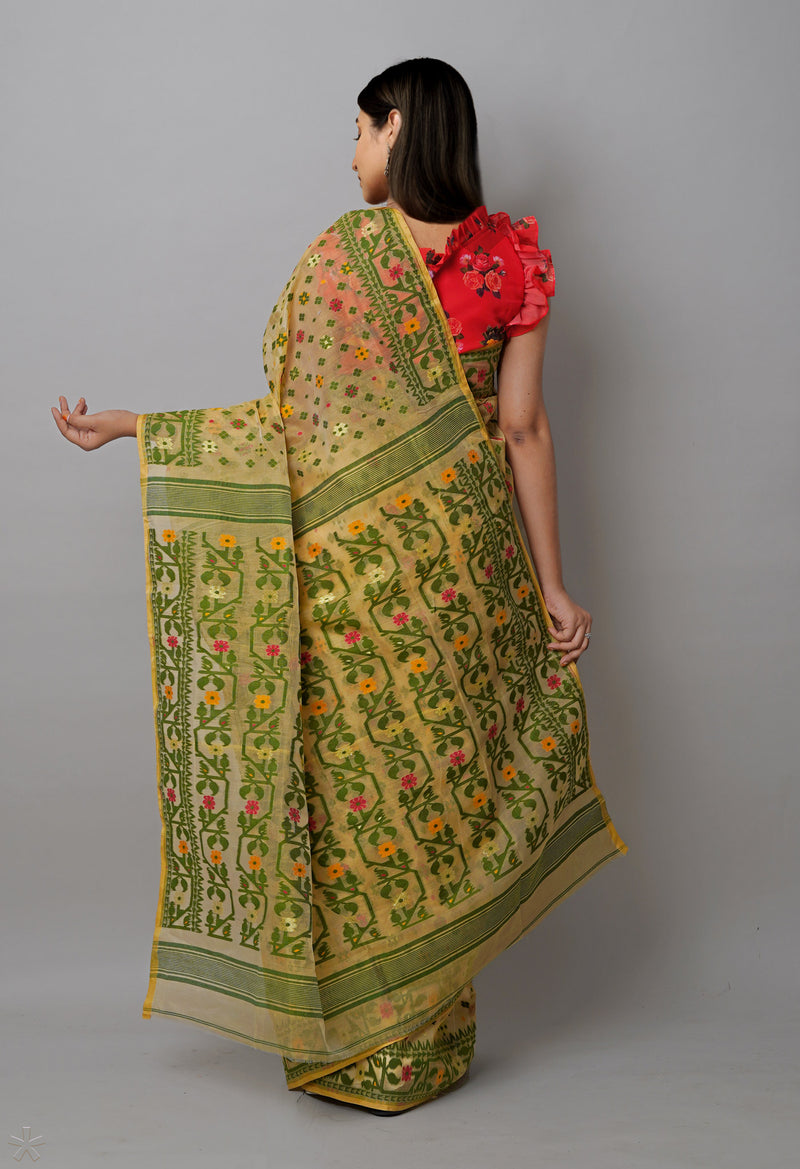 Brown Pure Handloom Dhaka Jamdhani Bengal  Cotton Silk Saree-UNM72695