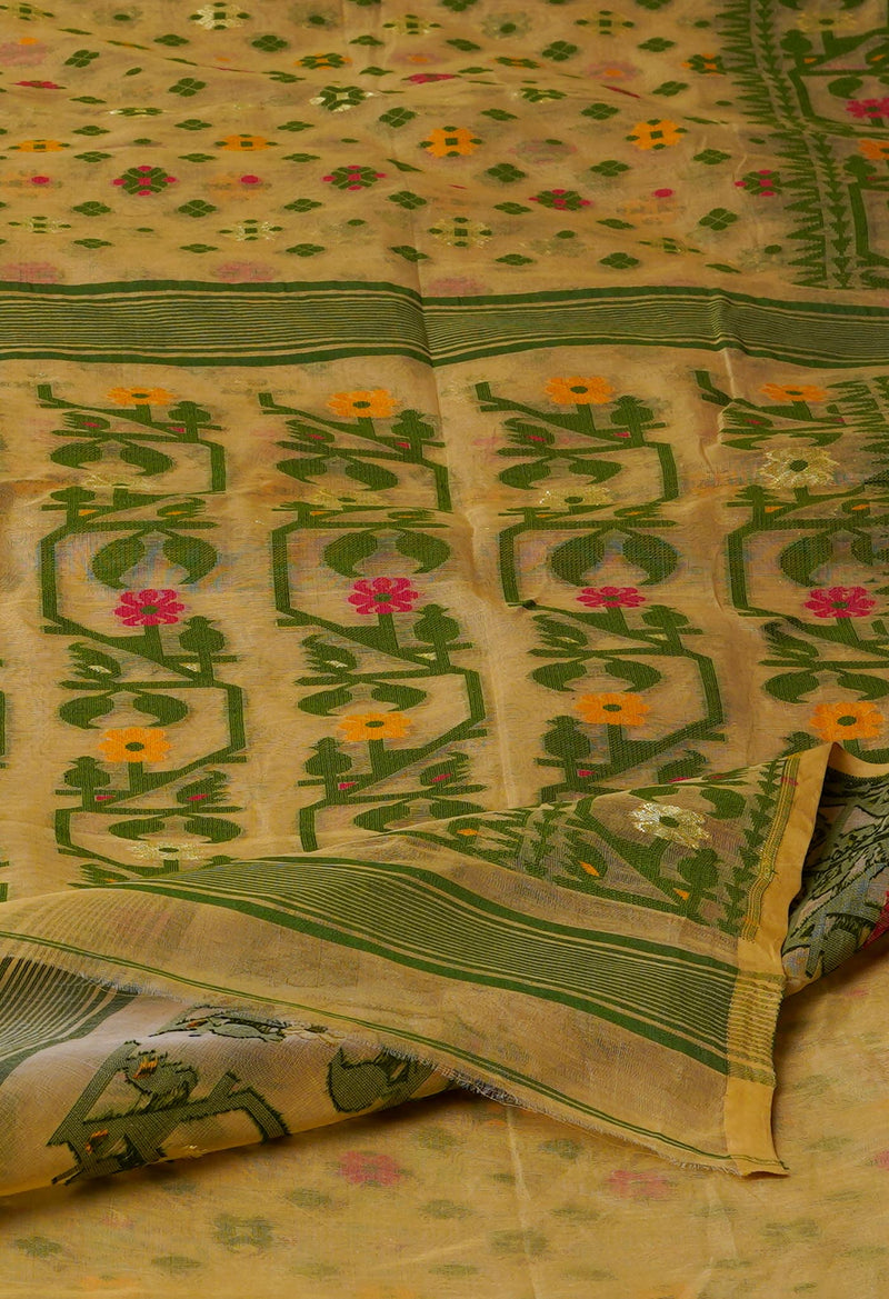 Brown Pure Handloom Dhaka Jamdhani Bengal  Cotton Silk Saree-UNM72695