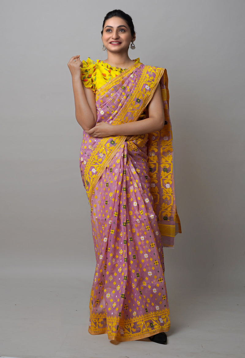Pale Purple  Pure Handloom Dhaka Jamdhani Bengal  Cotton Silk Saree-UNM72696