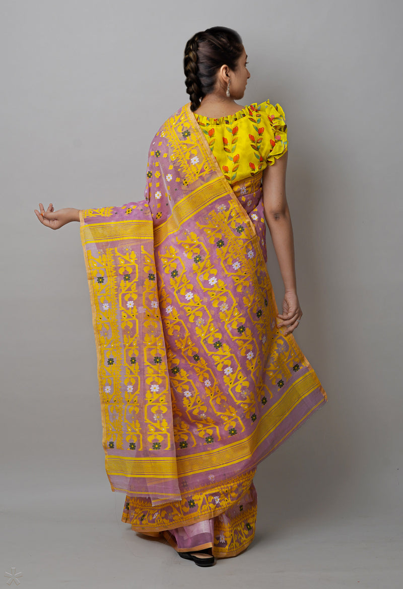 Pale Purple  Pure Handloom Dhaka Jamdhani Bengal  Cotton Silk Saree-UNM72696