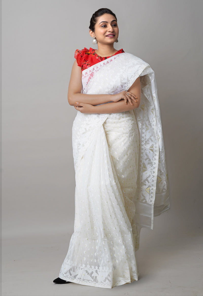 White Pure Handloom Dhaka Jamdhani Bengal  Cotton Silk Saree-UNM72697