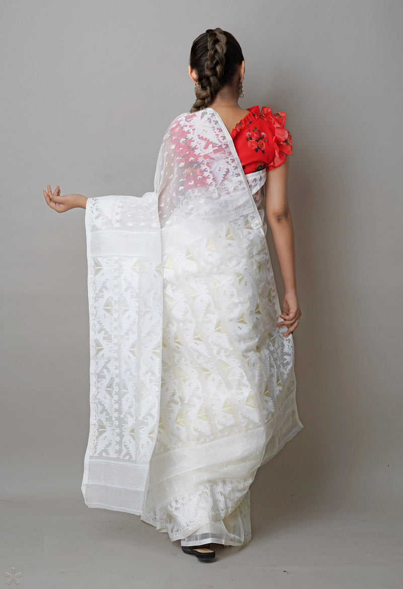 White Pure Handloom Dhaka Jamdhani Bengal  Cotton Silk Saree-UNM72697