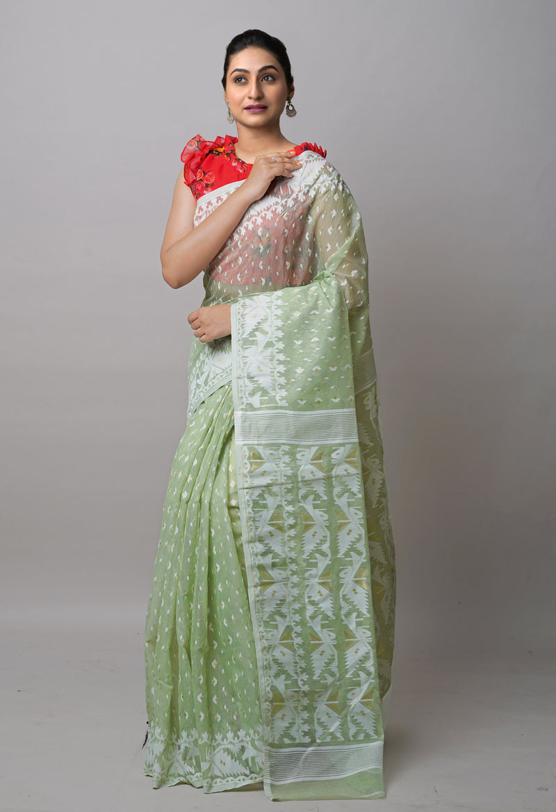 Pastel Green Pure Handloom Dhaka Jamdhani Bengal  Cotton Silk Saree-UNM72698