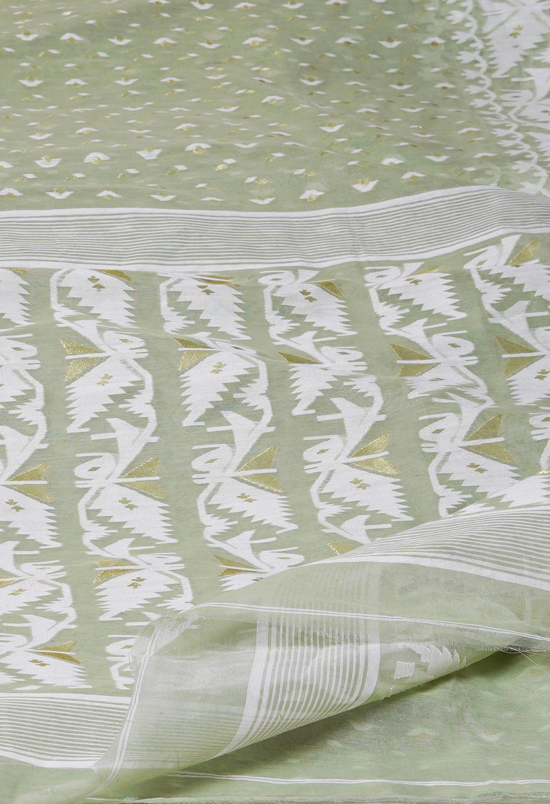 Pastel Green Pure Handloom Dhaka Jamdhani Bengal  Cotton Silk Saree-UNM72698