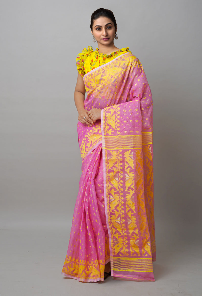 Pink Pure Handloom Dhaka Jamdhani Bengal  Cotton Silk Saree-UNM72699