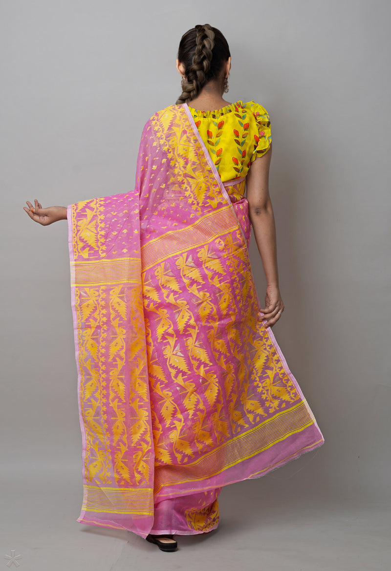 Pink Pure Handloom Dhaka Jamdhani Bengal  Cotton Silk Saree-UNM72699
