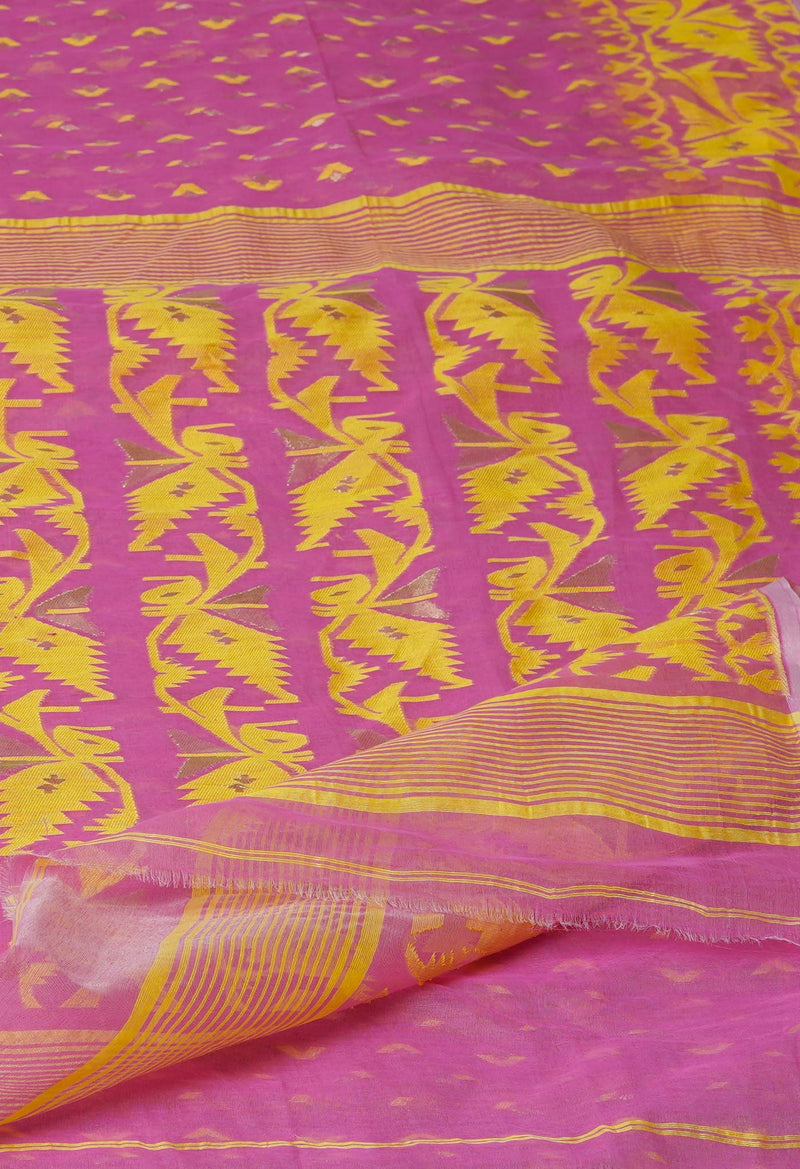 Pink Pure Handloom Dhaka Jamdhani Bengal  Cotton Silk Saree-UNM72699