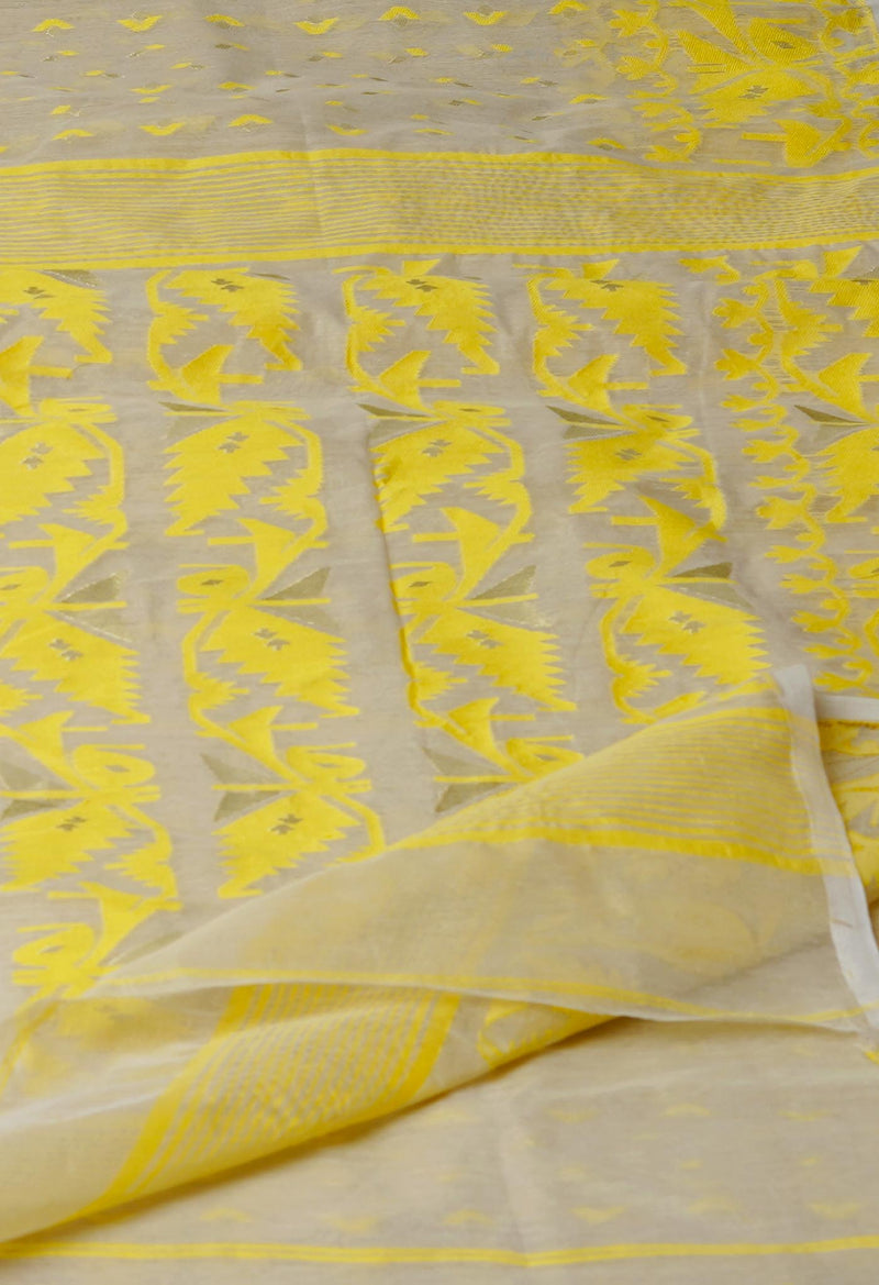 Cream Pure Handloom Dhaka Jamdhani Bengal  Cotton Silk Saree-UNM72701