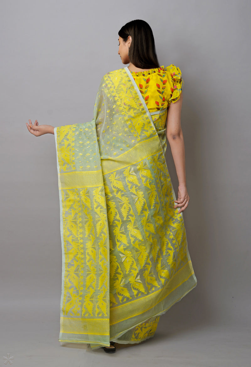 Pastel Green Pure Handloom Dhaka Jamdhani Bengal  Cotton Silk Saree-UNM72703