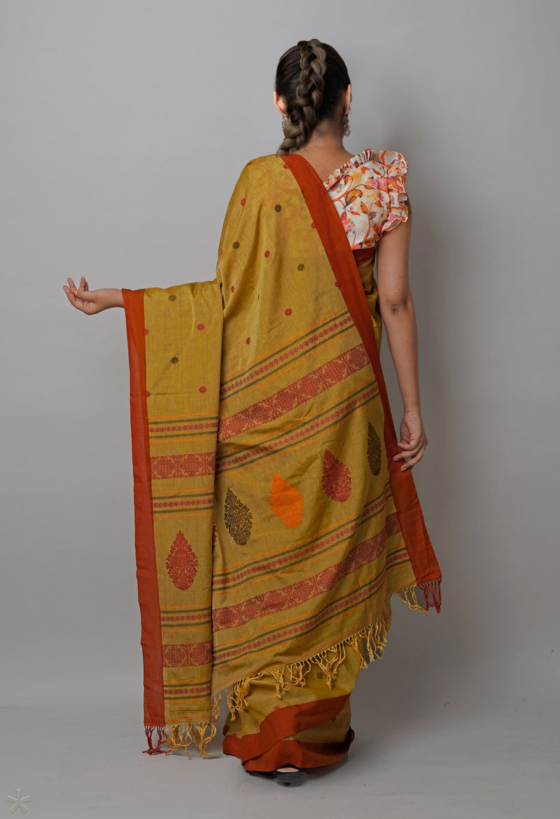 Brown Pure Handloom Dhaka Jamdhani Bengal  Cotton Silk Saree-UNM72704