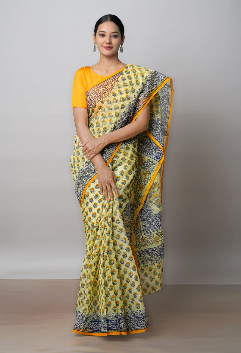Pale Yellow Pure  Block Printed Kota Cotton Saree-UNM72706