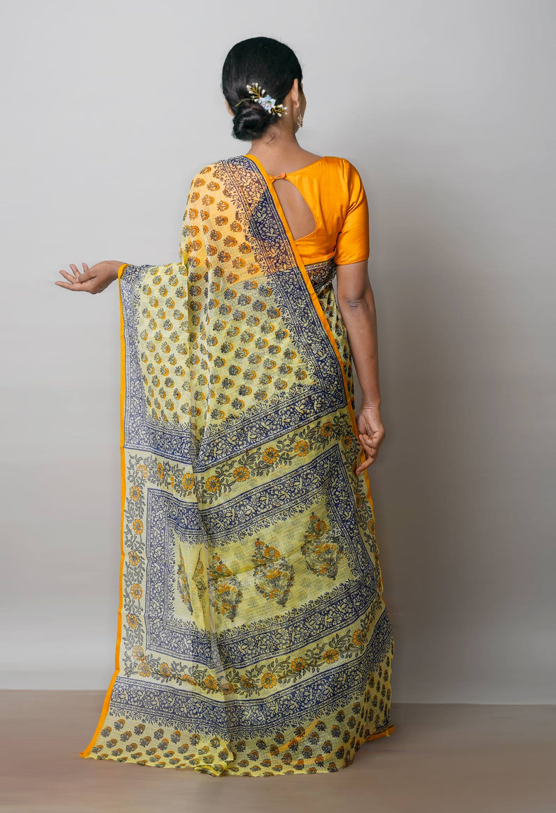 Pale Yellow Pure  Block Printed Kota Cotton Saree-UNM72706