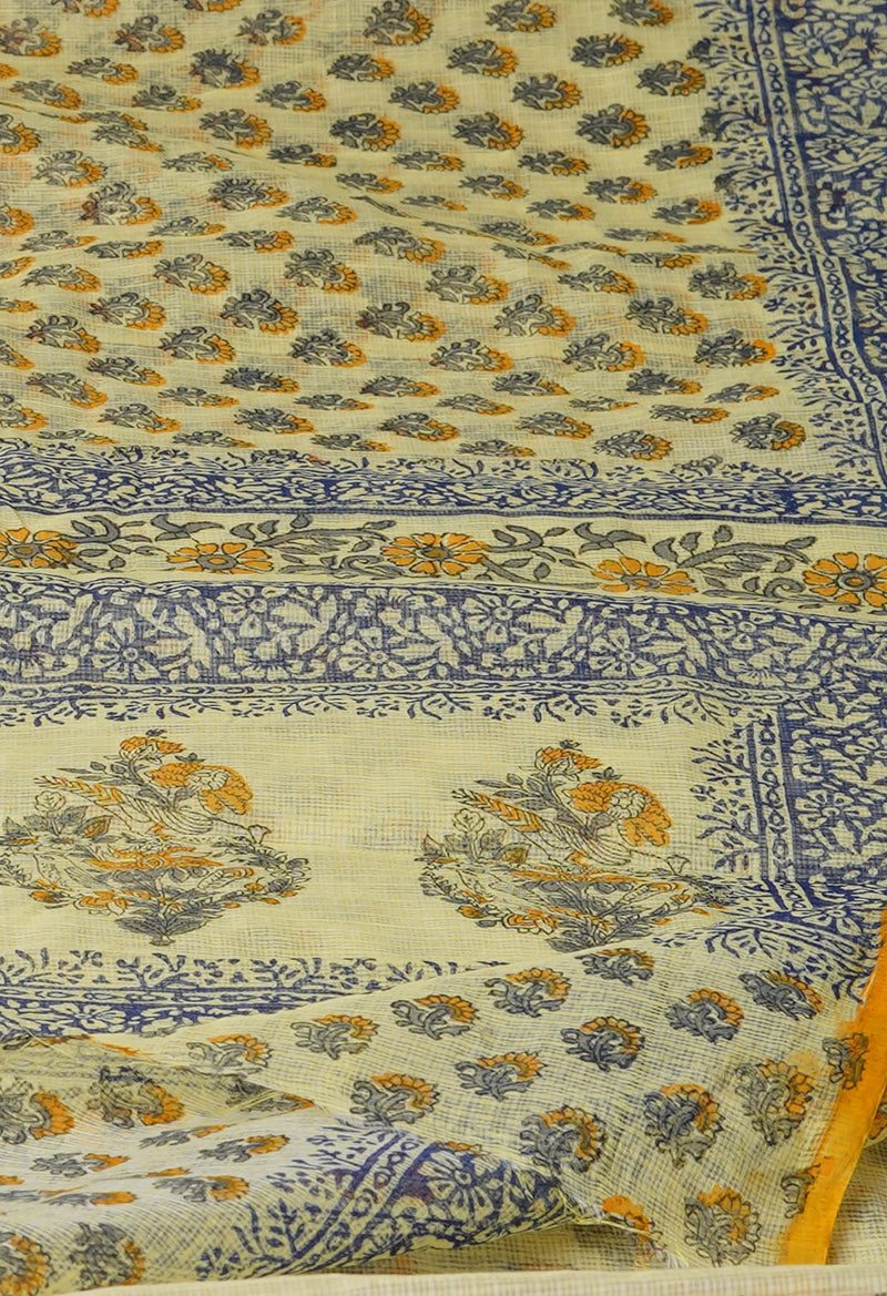 Pale Yellow Pure  Block Printed Kota Cotton Saree-UNM72706
