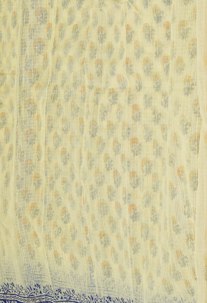 Pale Yellow Pure  Block Printed Kota Cotton Saree-UNM72706