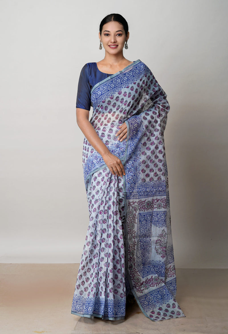 Grey Pure  Block Printed Kota Cotton Saree-UNM72707