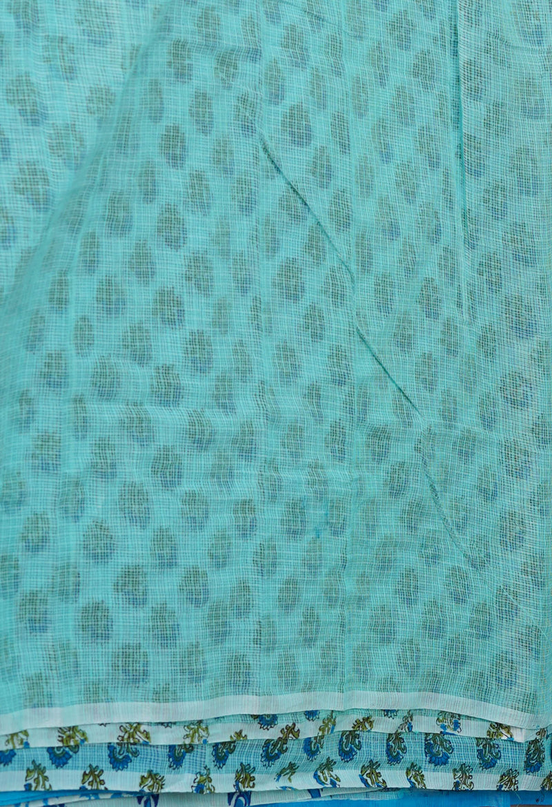 Turquoise Blue Pure  Block Printed Kota Cotton Saree-UNM72709