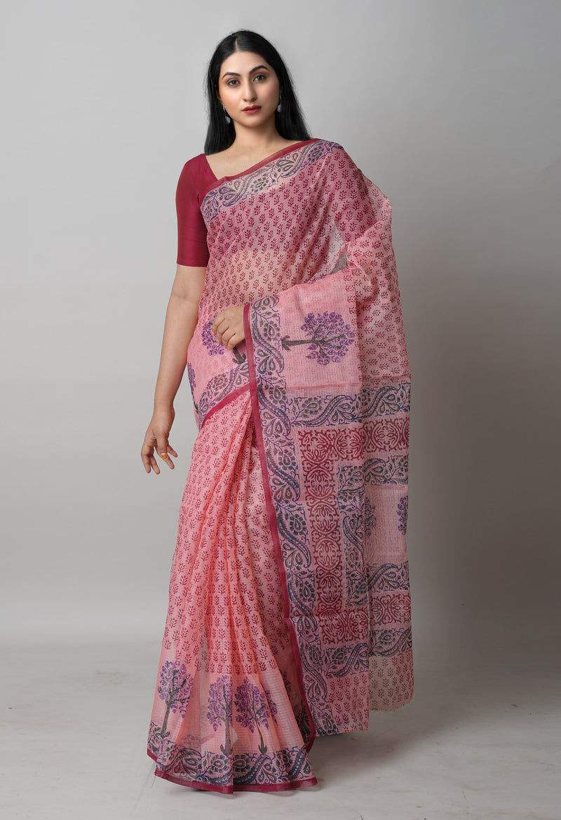 Pink Pure  Block Printed Kota Cotton Saree-UNM72710