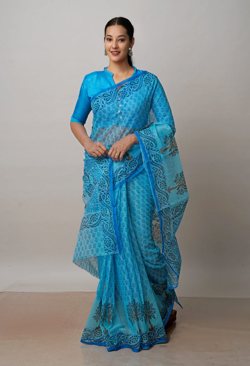 Blue Pure  Block Printed Kota Cotton Saree-UNM72712