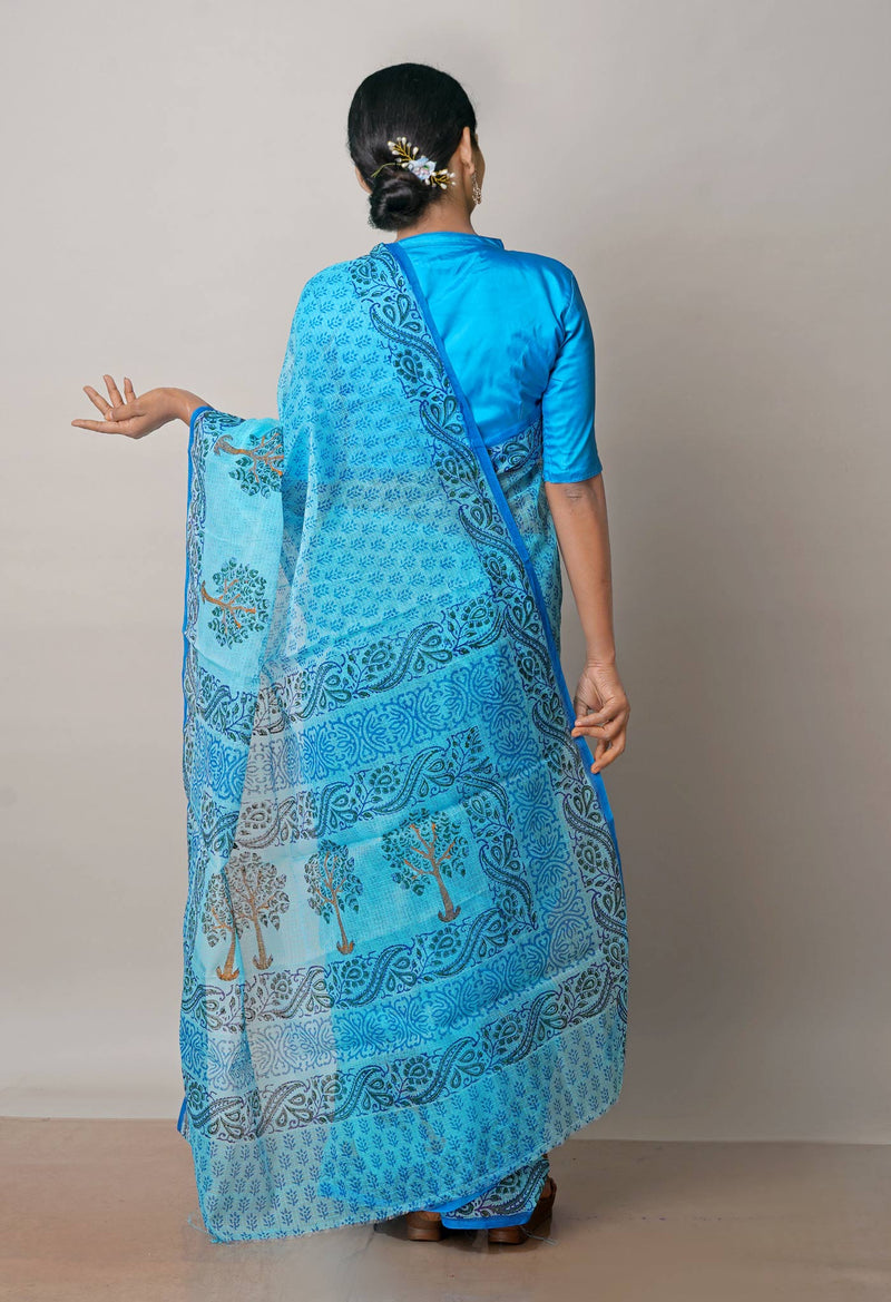 Blue Pure  Block Printed Kota Cotton Saree-UNM72712
