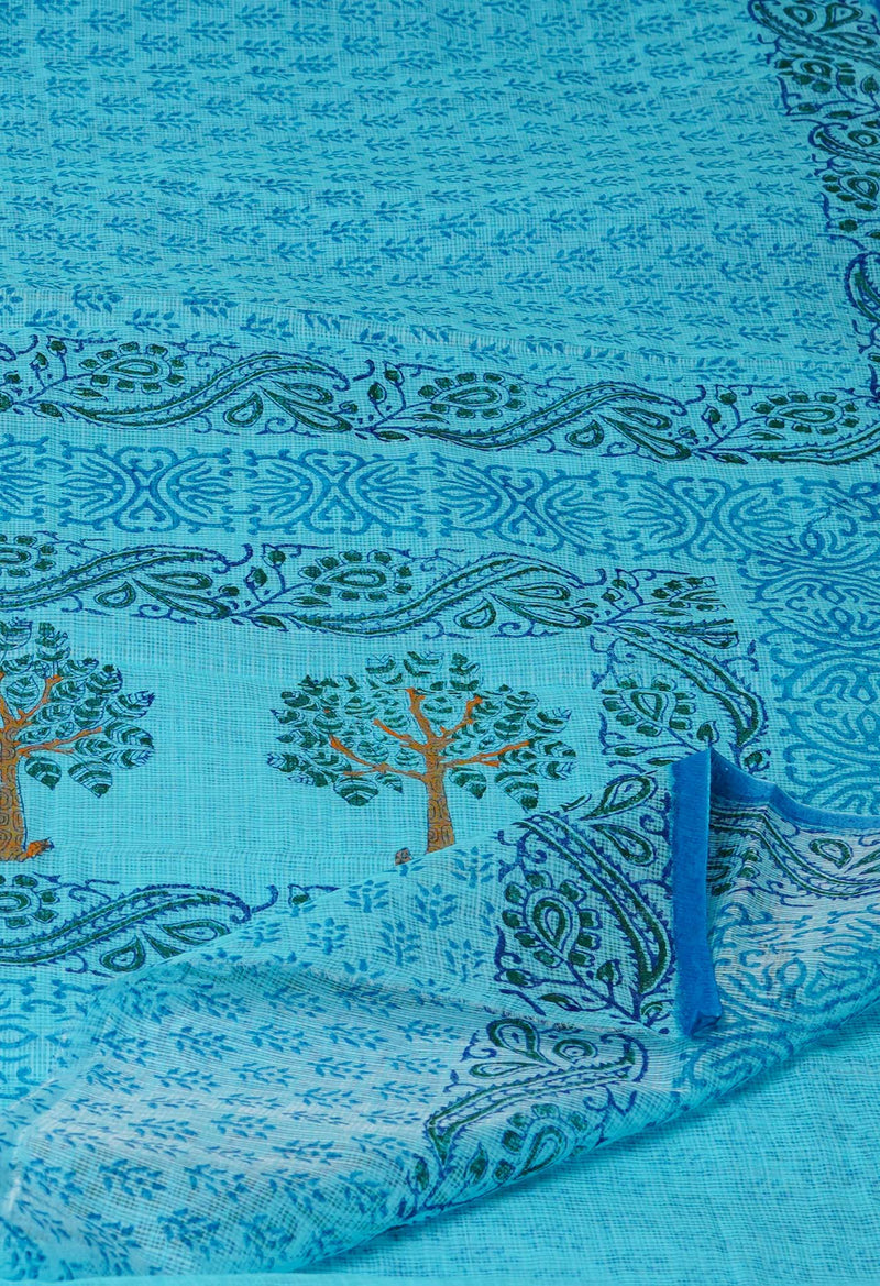 Blue Pure  Block Printed Kota Cotton Saree-UNM72712