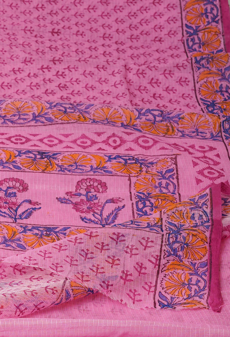 Pink Pure  Block Printed Kota Cotton Saree-UNM72714