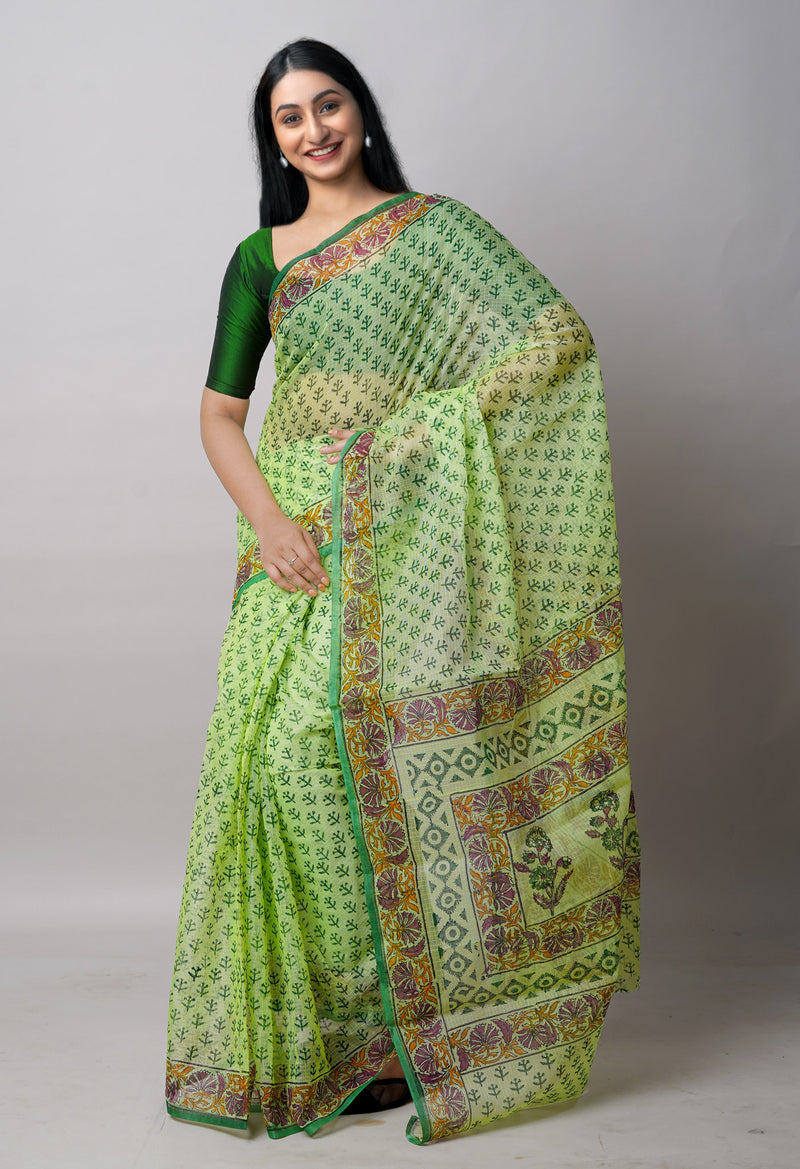Green Pure  Block Printed Kota Cotton Saree-UNM72717