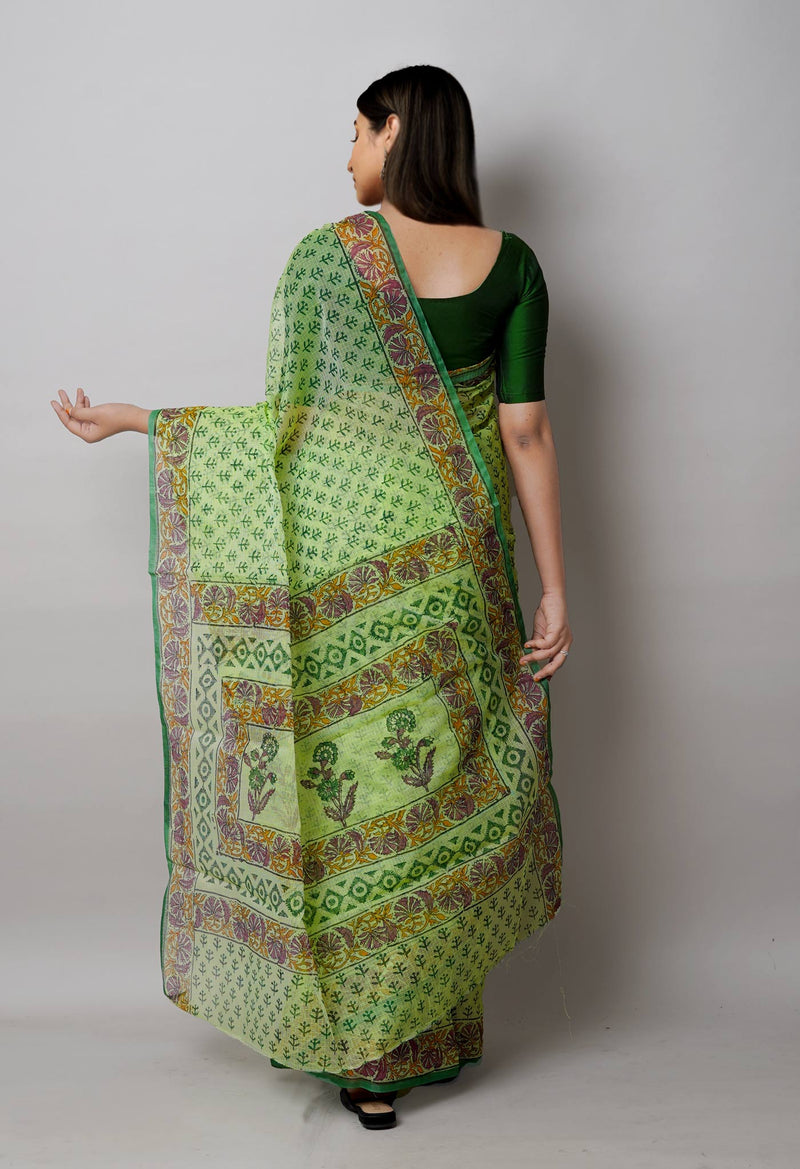 Green Pure  Block Printed Kota Cotton Saree-UNM72717