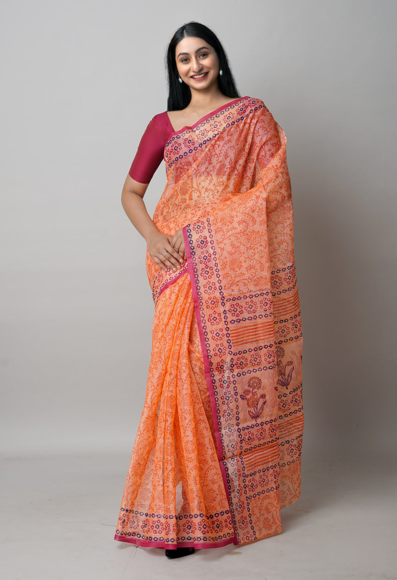 Orange Pure  Block Printed Kota Cotton Saree-UNM72718