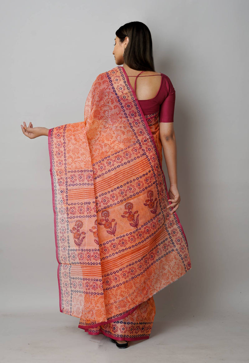 Orange Pure  Block Printed Kota Cotton Saree-UNM72718