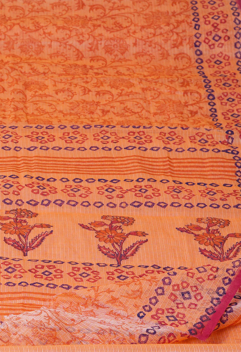 Orange Pure  Block Printed Kota Cotton Saree-UNM72718