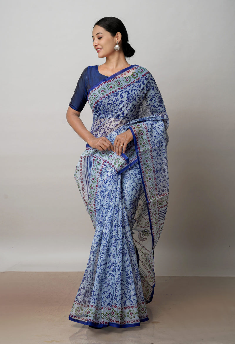 Grey Pure  Block Printed Kota Cotton Saree-UNM72719