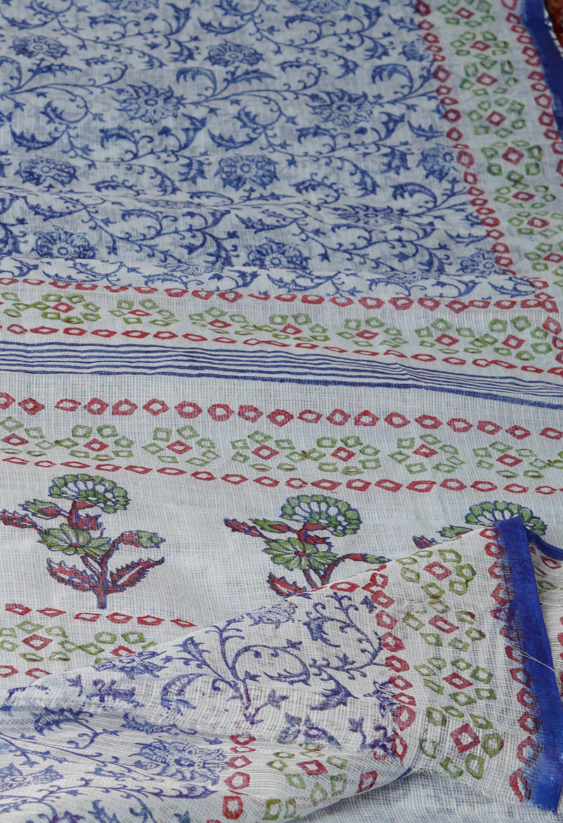 Grey Pure  Block Printed Kota Cotton Saree-UNM72719
