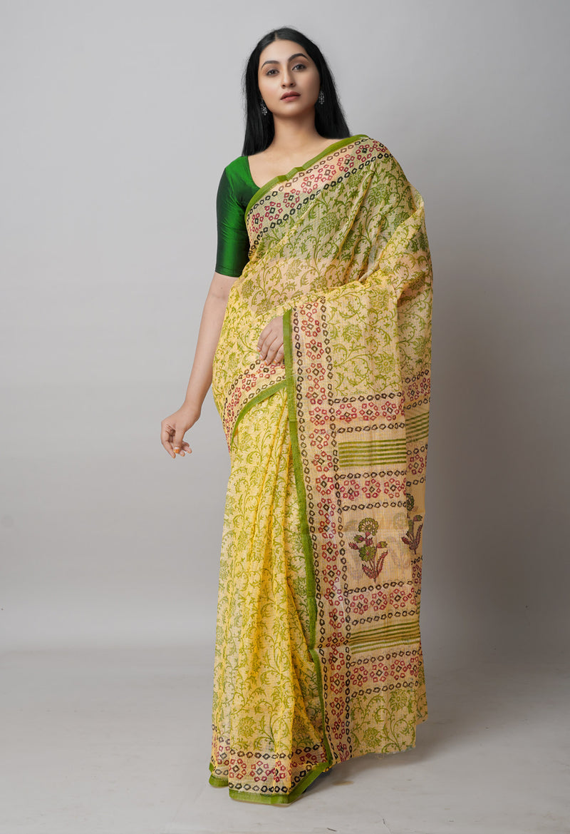 Cream Pure  Block Printed Kota Cotton Saree-UNM72720