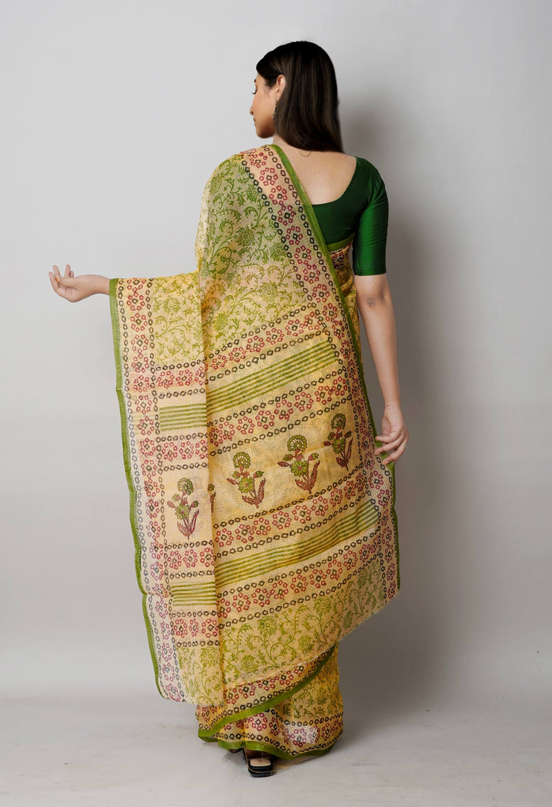 Cream Pure  Block Printed Kota Cotton Saree-UNM72720