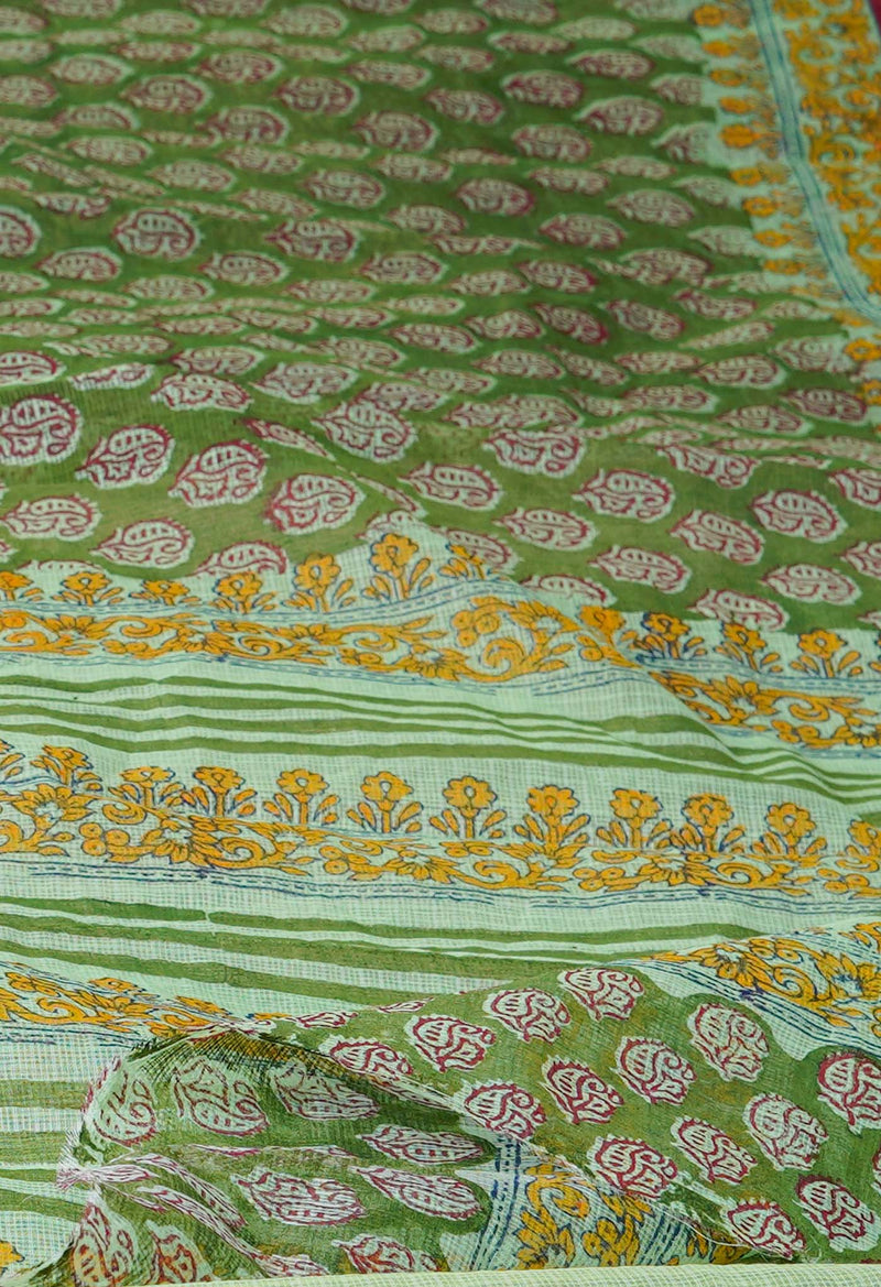 Green Pure  Block Printed Kota Cotton Saree-UNM72722