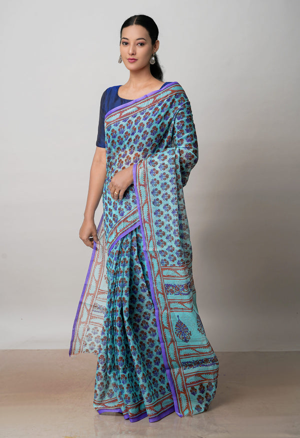 Turquoise Blue Pure  Block Printed Kota Cotton Saree-UNM72723