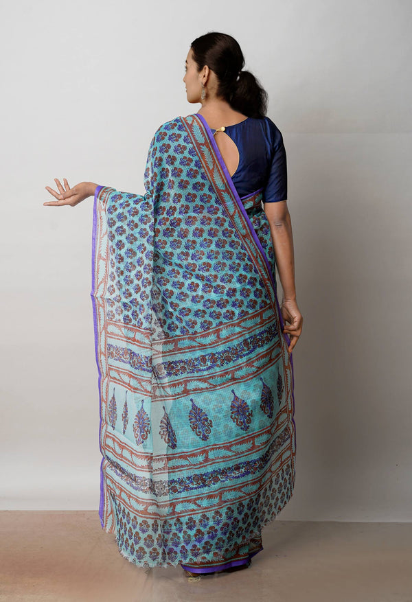 Turquoise Blue Pure  Block Printed Kota Cotton Saree-UNM72723