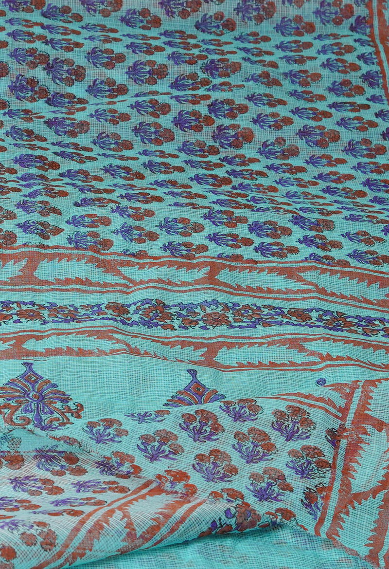 Turquoise Blue Pure  Block Printed Kota Cotton Saree-UNM72723