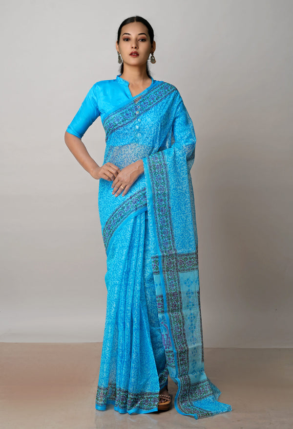 Blue Pure  Block Printed Kota Cotton Saree-UNM72724