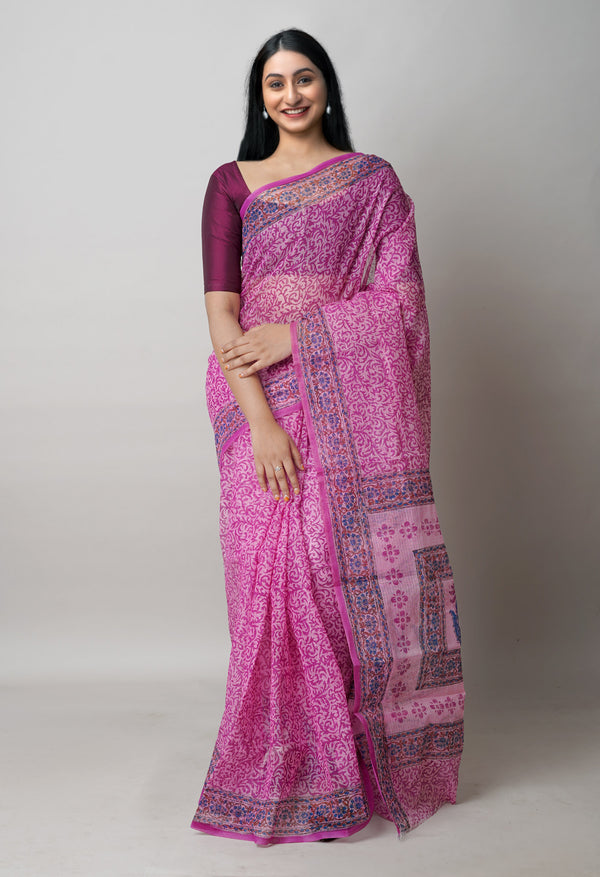 Pink Pure  Block Printed Kota Cotton Saree-UNM72725