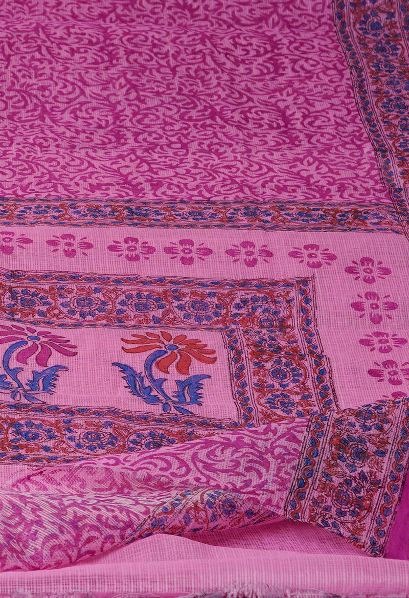 Pink Pure  Block Printed Kota Cotton Saree-UNM72725