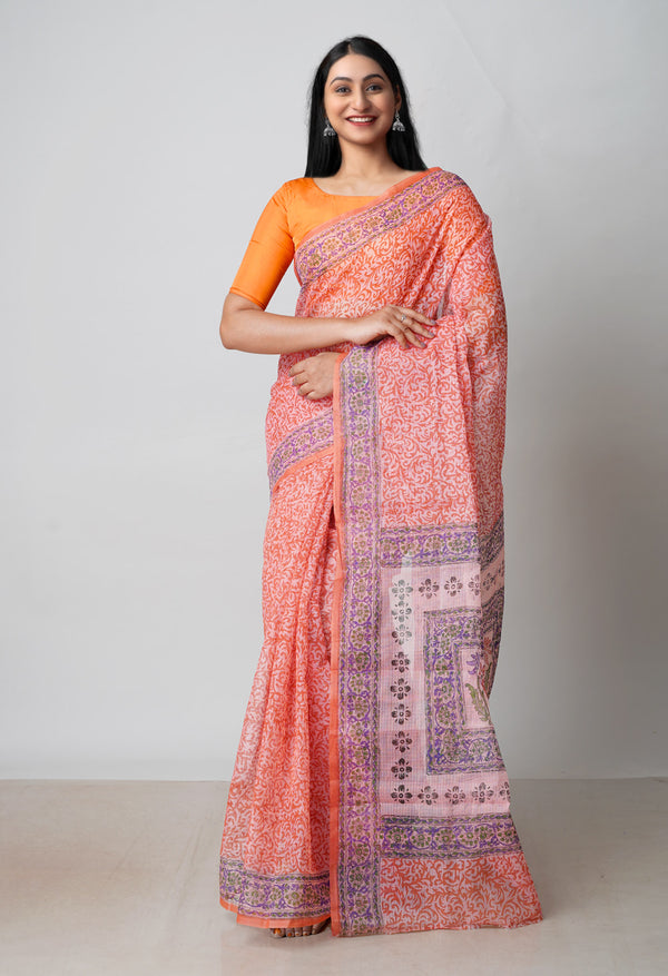 Peach Orange Pure  Block Printed Kota Cotton Saree-UNM72726