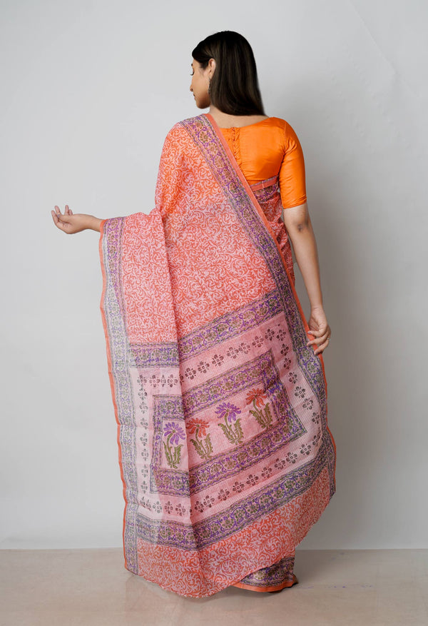Peach Orange Pure  Block Printed Kota Cotton Saree-UNM72726