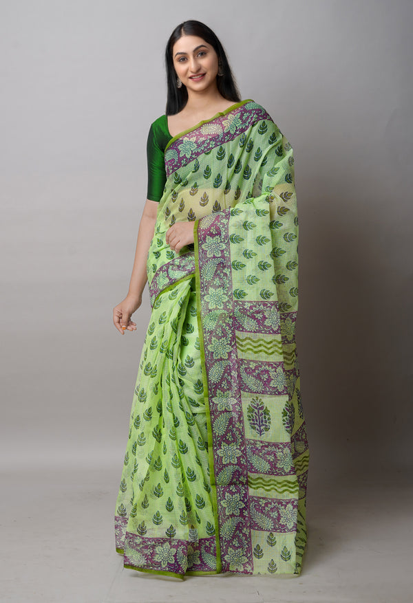 Green Pure  Block Printed Kota Cotton Saree-UNM72729